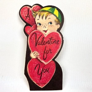 Vintage 40er 50er Valentinskarte Ephemera Gruß Beanie Mütze Junge Sommersprossen Gesicht USA - Bild 1 von 4