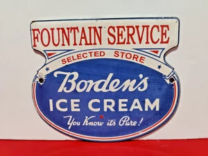 VINTAGE BORDEN'S ICE CREAM FOUNTAIN SERVICE PORCELAIN ENAMEL METAL SIGN 6" x 5" - Picture 1 of 7