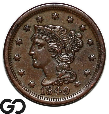Centavo grande 1849, cabello trenzado, elección AU++ Foto 1 de 2