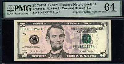 2017 A $5 Federal Reserve Repeater Serial No Note PMG Choice Unc 64 - Image 1 of 2