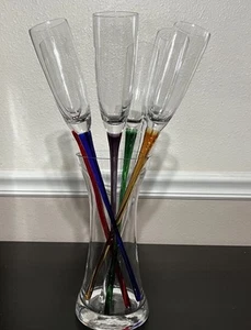 MUNDGEBLASENE ArtLand Flöte Sektgläser 6er Set lange mehrfarbige Stiele & Vase - Bild 1 von 15