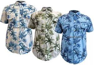 Mens Palm Tree Linen Style Short Sleeve Hawaiian Shirts Casual Fit Formal Dress - Picture 1 of 5