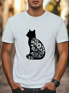 Black Cat with Floral Design Graphic T-Shirt Unisex Men Women Casual T-shirt - Picture 1 of 19
