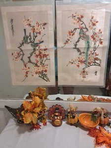 2er Set alte chinesische Vögel auf Kirschblütenbaum handbemalte Seidentafeln - Bild 1 von 4