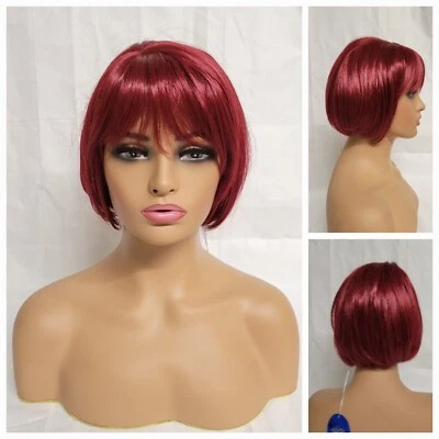 Straight Short Bob Wig W bang Premium Synthetic Daily Fashion BURGANDY SEPIA - Image 1 of 4