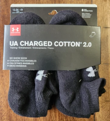 UNDER ARMOUR Black Socks No Show Youth UA 6 Pair 13.5-4 Y Charged Cotton NEW Foto 1 de 4