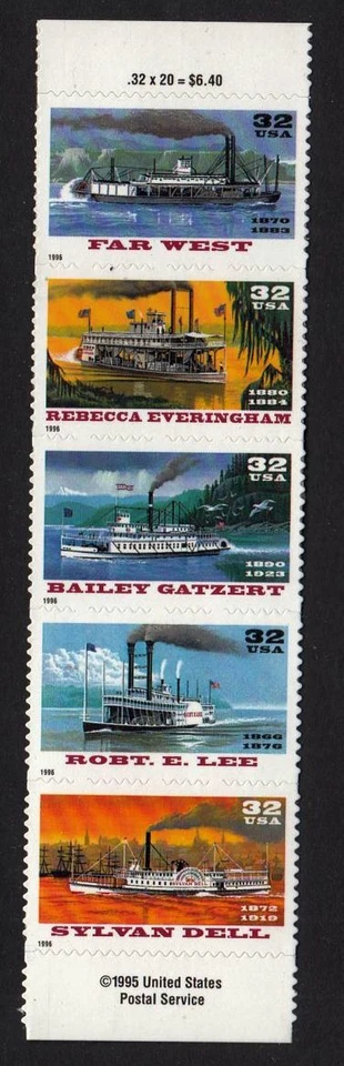 1996 Riverboats Sc 3095b SPECIAL DIE CUT strip of 5 - Image 1 of 1