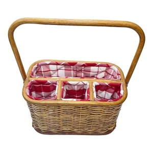 Wicker/Rattan Basket Utensil Napkin Holder Fabric Lined Red White Picnic BBQ - Picture 1 of 14