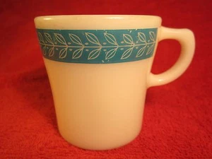 PYREX 8 oz Coffee Cup MUG White with Blue-green LEAF BAND [Z45] - Bild 1 von 4
