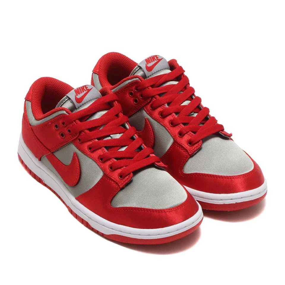 Nike Dunk Low Satin Sneakers Varsity Red Swoosh Retro Grey Trainers Women Size - Image 1 of 4