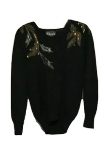 Rochelle Womens Sweater Black Metallic Long Sleeve Embroidered Floral Beads L - Picture 1 of 5