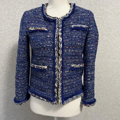 Chaqueta para dama J Crew 4P azul cobalto arco iris tweed ribete trenzado flecos Foto 1 de 4