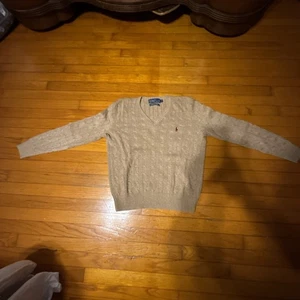 Vintage 90er Polo Ralph Lauren Zopfmuster Tussah Seide Pullover V-Ausschnitt sm beige khaki - Bild 1 von 10