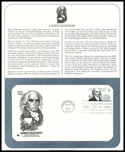 2001 James Madison Sc 3545 FDC PCS Constitution Founding Father statesman author - Picture 1 of 1
