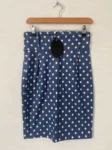 Collectif Skirt 26 Blue White Polka Knee Length Pencil Wiggle Rockabilly UK 8 - Picture 1 of 8
