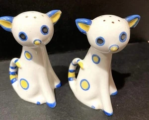 Salt and pepper shakers kitty cats blue and yellow dots vintage - Picture 1 of 7