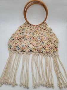 Ladies Boho Hobo Handbag Floral Fabric Macrame Covered Wooden Circle Handles - Imagen 1 de 12