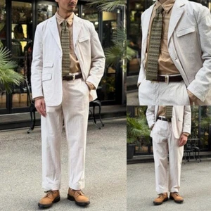 Spring Beige Striped Suit For Men Notch Lapel Wedding Single Breasted Business - Picture 1 of 15