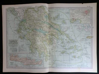 Edwardian Map of Greece, Crete and Samos (1902) ex Century Atlas of the World - Image 1 of 3