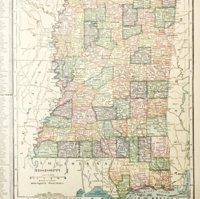 Mapa del Estado de Mississippi 1917 Antiguo Atlas del Mundo Primera Guerra Mundial EE. UU. DWUU1A Foto 1 de 2