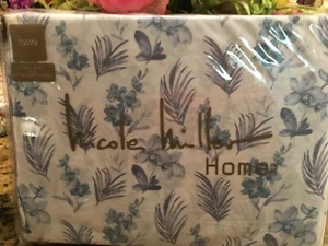 3PC Nicole Miller Twin Sheet Set Wild Orchids Blue Tropical Floral Cotton  - Picture 1 of 2