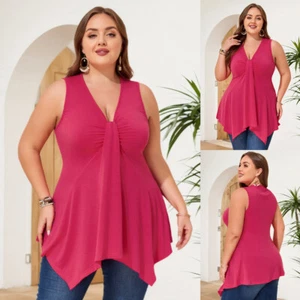 Plus Size Women Casual V-Neck Loose Tank Top Sleeveless T-Shirt Blouses Vest Tee - Picture 1 of 16