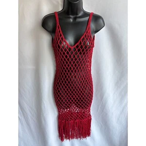 ACR Brillante Rojo Crochet Cubierta de Natación Espalda Abierta Talla Única Borlas Sexy Playa Linda - Imagen 1 de 9