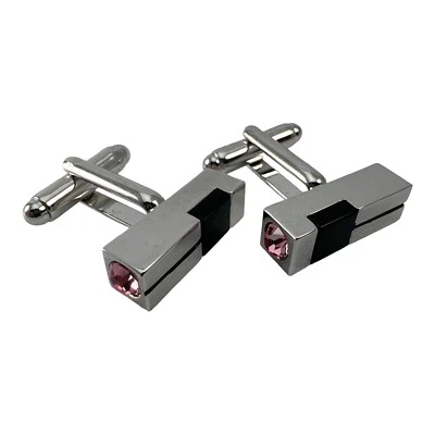 Swarovski Cufflinks For Men Silver Tone Bar With Pink And Black Crystals - Image 1 of 4