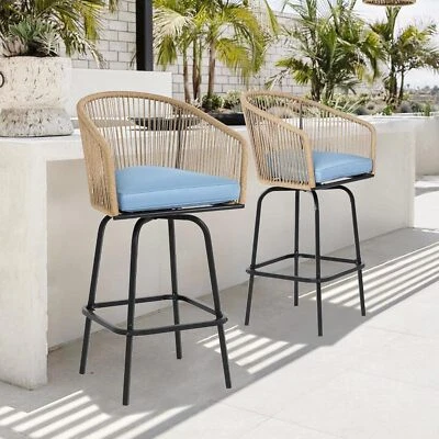 Taburetes de bar giratorios 2/4 con cojín, taburete de bistró de mimbre tejido altura de mostrador exterior Foto 1 de 4