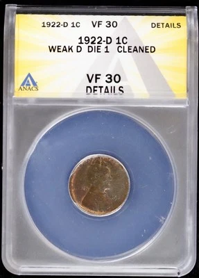 1922 D Weak D Die 1 1c Lincoln Wheat Cent ANACS VF30 Details (Very Fine) Denver - Image 1 of 4
