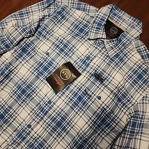 NUEVO CON ETIQUETAS Wrangler × Equipo Todo Terreno Tejido Franela Azul Cuadros Camisa Abotonada Para Hombres M - Imagen 1 de 7