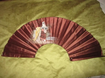 #72-Antique Hand Fan Satin Leaf.  Hand Painted Lady & Fan. Last Quarter 1800s. - Image 1 of 4
