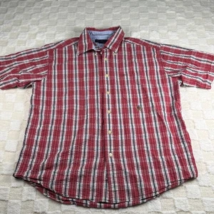 Tommy Hilfiger Red Plaid Seersucker Large Button Down Men's Short Sleeve Shirt - Picture 1 of 12
