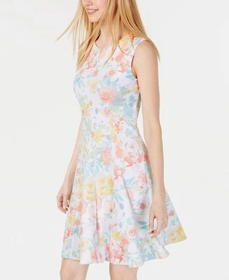 CALVIN KLEIN White Pastel Floral Print Scuba Stretch Fit & Flare Dress 10P - Image 1 of 4