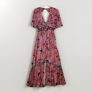 Anthropologie Womens Ruffled Embroidered Maxi Dress Size XS Cottagecore Pink - Picture 1 of 13