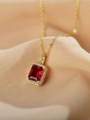 Emerald Cut 14k Yellow Gold Plated Simulated Ruby Necklace Pendant With Chain - Image 1 of 3