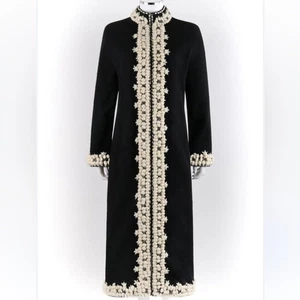Oscar by Oscar de la Renta Black Wool Crochet & Beaded Long Coat, Size L - Picture 1 of 16