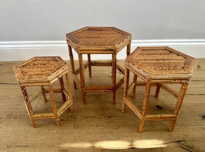 Nest of three 1930s hexagonal tiger bamboo plant stands - Image 1 of 4