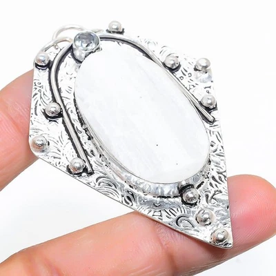 Selenite, pietra preziosa topazio bianco 925 ciondolo gioiello in argento ste... - Immagine 1 di 4