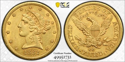 1882-CC $5 Liberty Head Half Eagle PCGS AU55 (CAC) - Image 1 of 3