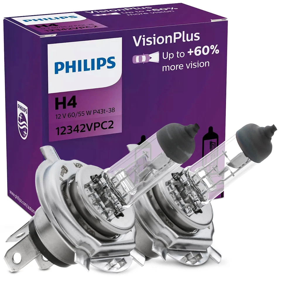 2x PHILIPS VisionPlus H4 Lámpara faro de carretera 12V 60/55W P43t-38 Luz Alta - Imagen 1 de 4
