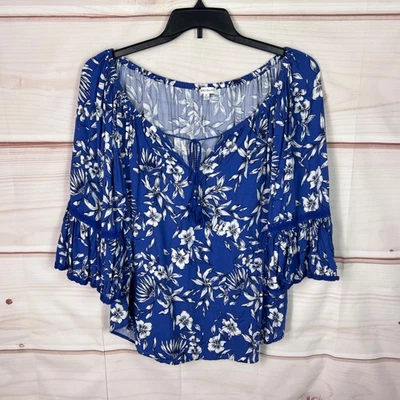 Top Rosa y Oliva Mujer 2X Azul Floral Blusa Borlas Manga Campana Cuello Redondo Foto 1 de 4