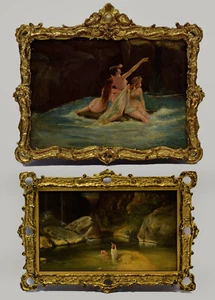 Siglo 19 Juego de dos pinturas antiguas, ninfas bañándose y gracias, óleo - Imagen 1 de 24