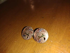 Vintage 80s Enamel Earrings Round Swirl Colors Gold Tone Retro Post Pierced  - Picture 1 of 4