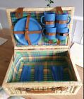 Vintage Plaid Wicker Picnic Basket With X20 Piece Tea & Cutlery Set. 