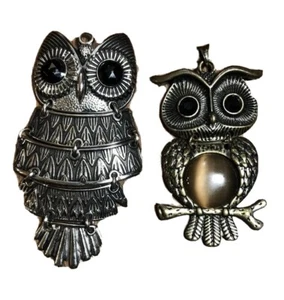 Lot Of 2 Owl Pendants 3 1/4” Silver & Black 2 1/4” Bronze Black Faceted Eyes - Picture 1 of 7