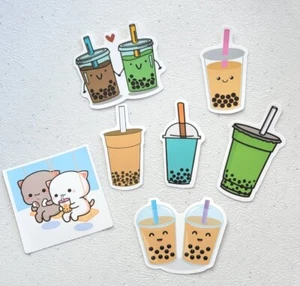 *7* Kawaii BOBA TEA KITTIES & DRINKS Waterproof  Laptop Vinyl Stickers  - Picture 1 of 2