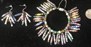 Handcrafted Colorful Bracelet & Earrings Of Stone, Glass & Paper Beads - Picture 1 of 3