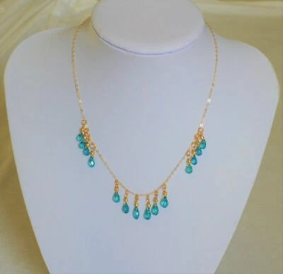 多面蓝色 Paraiba 碧玺梨 Briolette 悬垂黄金项链 — 第 1/4 张图片
