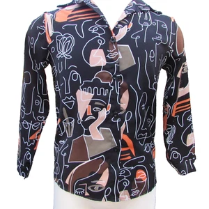 New Blouse Medium Womens Picasso-Like Interesting Graphics Button Front Long Slv - Picture 1 of 19